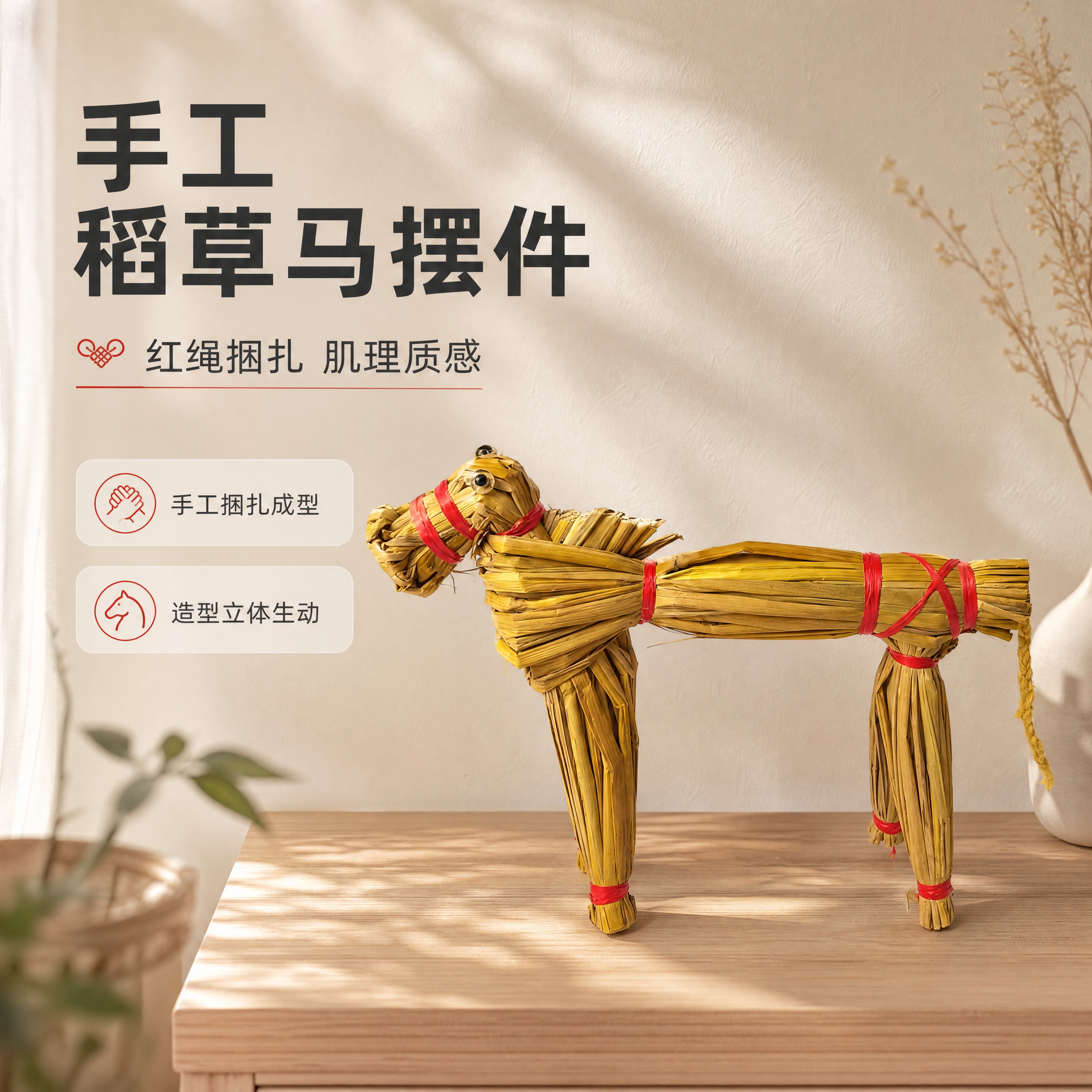 [商品] 使用【图1】红绳捆绑稻草马摆件；保留稻草材质、红绳捆… - 图片创意预览