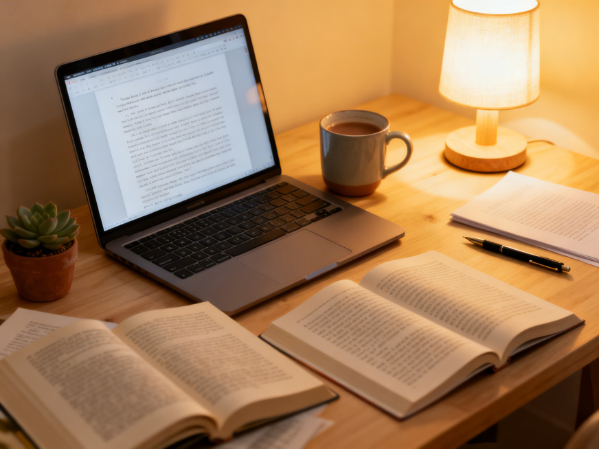 温馨的写论文桌面场景，暖黄色柔光打在桌面，摆放着打开的笔记本电脑，屏幕显示着论文文档，旁边有马克杯装着热饮、几本摊开的参考书、一支钢笔、一小盆多肉植物和暖光小台灯，桌面是浅木色，整体氛围舒适治愈，充满预览效果