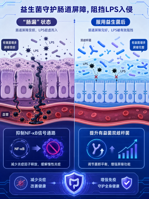 信息图式，肠道截面图展示：左侧是"肠漏"状态，LPS分子像黑色岩浆渗入血管；右侧服用益生菌后肠道屏障完好，LPS被阻挡，分别标注文字"抑制NF-κB信号通路"、"提升有益菌双歧杆菌"。蓝紫调，科技感扁预览效果