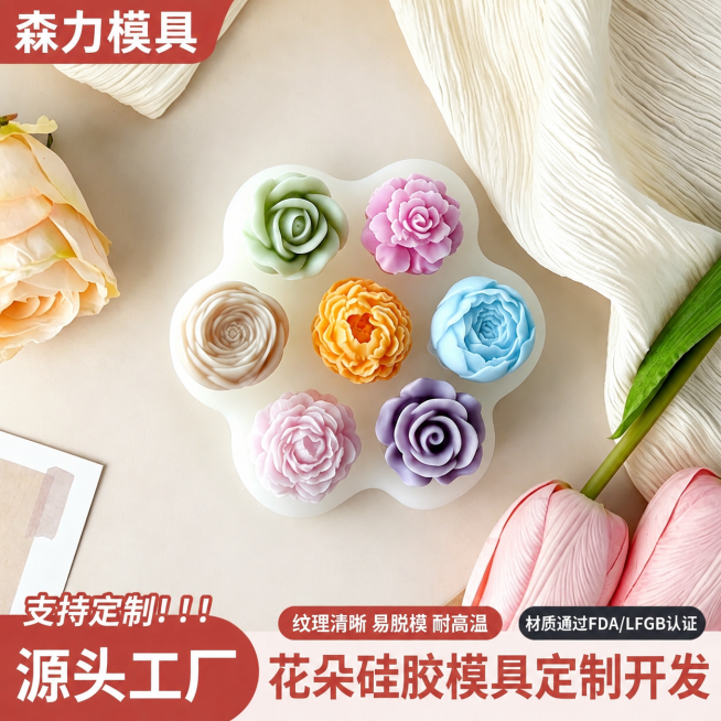将花朵硅胶模具产品图填入森力模具电商主图模板的空白位置，保持文案和排版不变，生成电商主图预览效果
