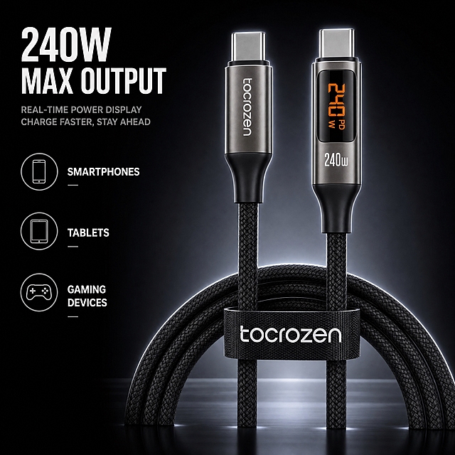 按图一的样式和构图生成，但产品替换为图三的tacrozen 240W USB-C数显数据线，风格和背景颜色参考图二的深色科技感。具体要求：

1. 整体版式参考图一：左侧为设备兼容分类列表（手机/平板/游戏机三行），右侧为数据线产品主体（两端接口竖立，线身盘绕在底部）。不生成图一中的具体数码产品图片（手机/平板/游戏机的实物图），只用简约图标或文字标签表示设备类别。

2. 产品使用图三的tacrozen 240W数显数据线：枪灰色铝合金外壳、橙色LED数显屏显示240W PD、白色tacrozen品牌Logo、黑色尼龙编织线身、两端USB-C接口、带tacrozen魔术贴绑带。

3. 背景和风格参考图二：纯黑到深灰径向渐变背景、高对比硬光光影、产品轮廓光、科技感氛围、底部台面反光。

4. 文字全部为英文，标题和分类标签清晰可读，不出现中文。

5. 图片比例1:1正方形。