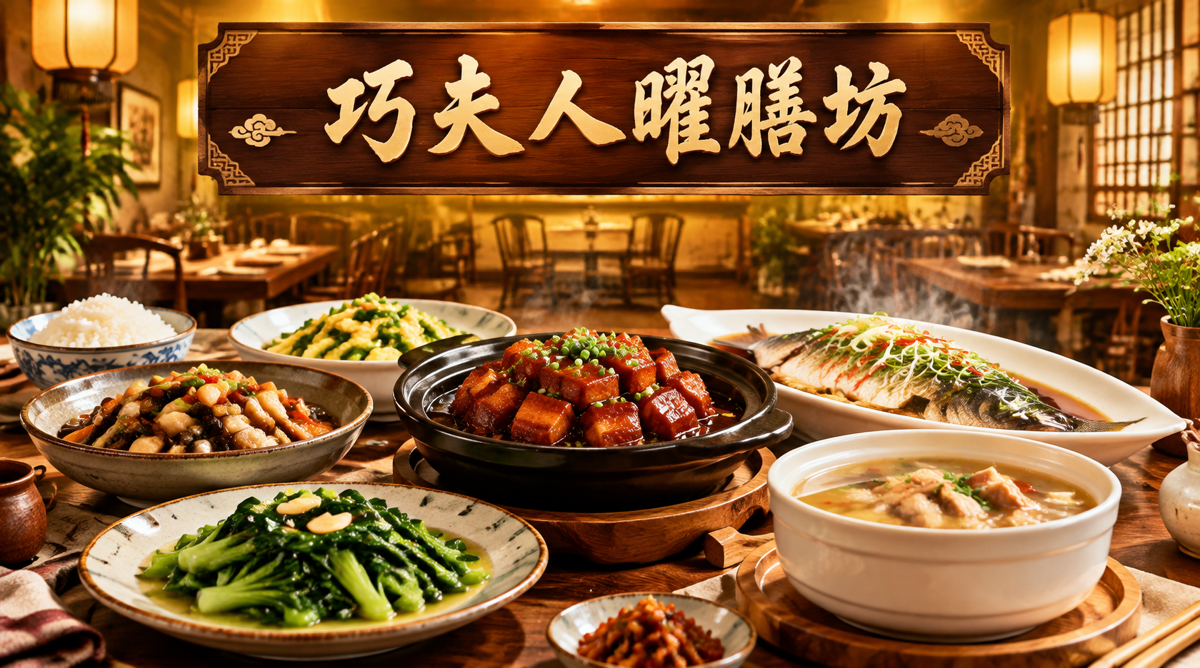 餐饮店铺店招设计，店名"巧夫人曜膳坊"，写实写真风格，画面展示… - 图片创意预览