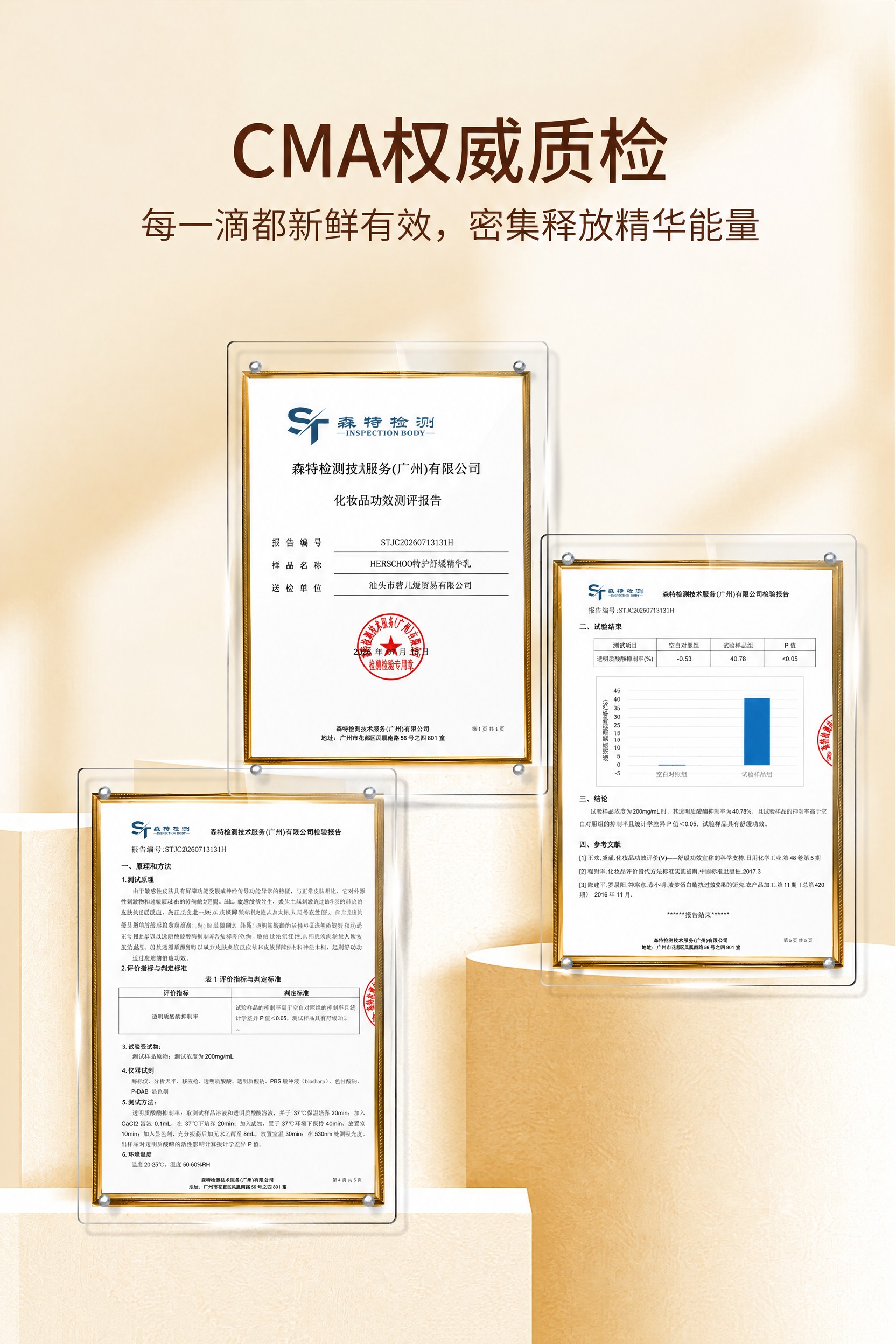 将参考图1中的三个透明亚克力相框里的检测报告，分别替换为另外三… - 图片创意预览