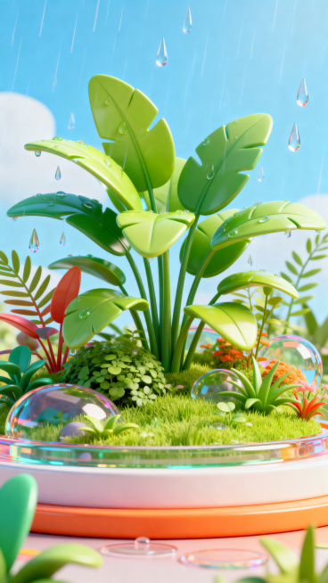 C4D风格谷雨节气海报背景，明亮多彩配色，充满春日生机感，包含3D立体植物与雨滴元素，通透玻璃质感，柔和光影效果，层次丰富，高饱和度亮丽色调，画面干净留白，高清精致，风格治愈清新预览效果