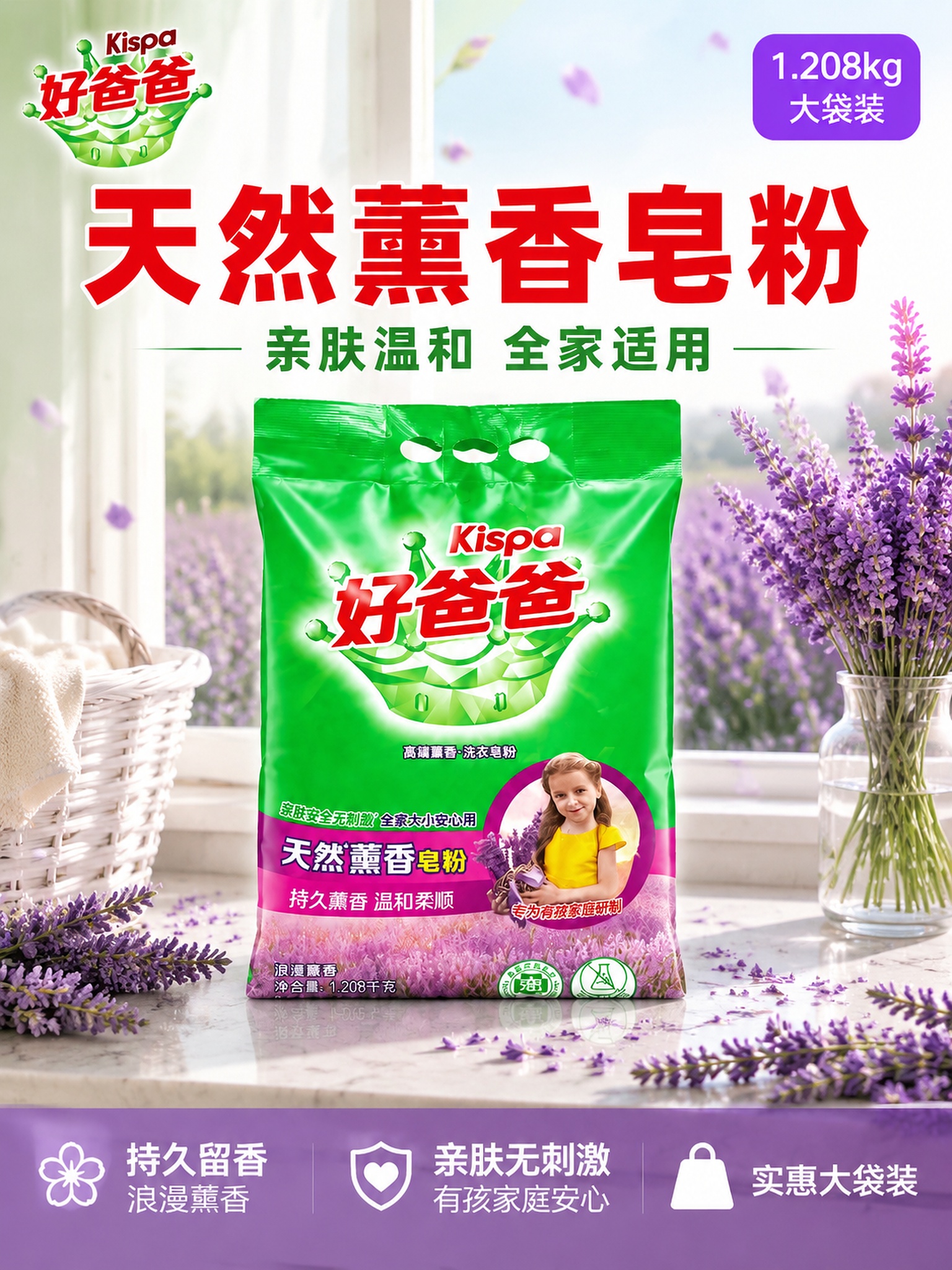 [主图-1] 好爸爸天然薰香皂粉洁净首图，阳台薰衣草场景。 [… - 图片创意预览