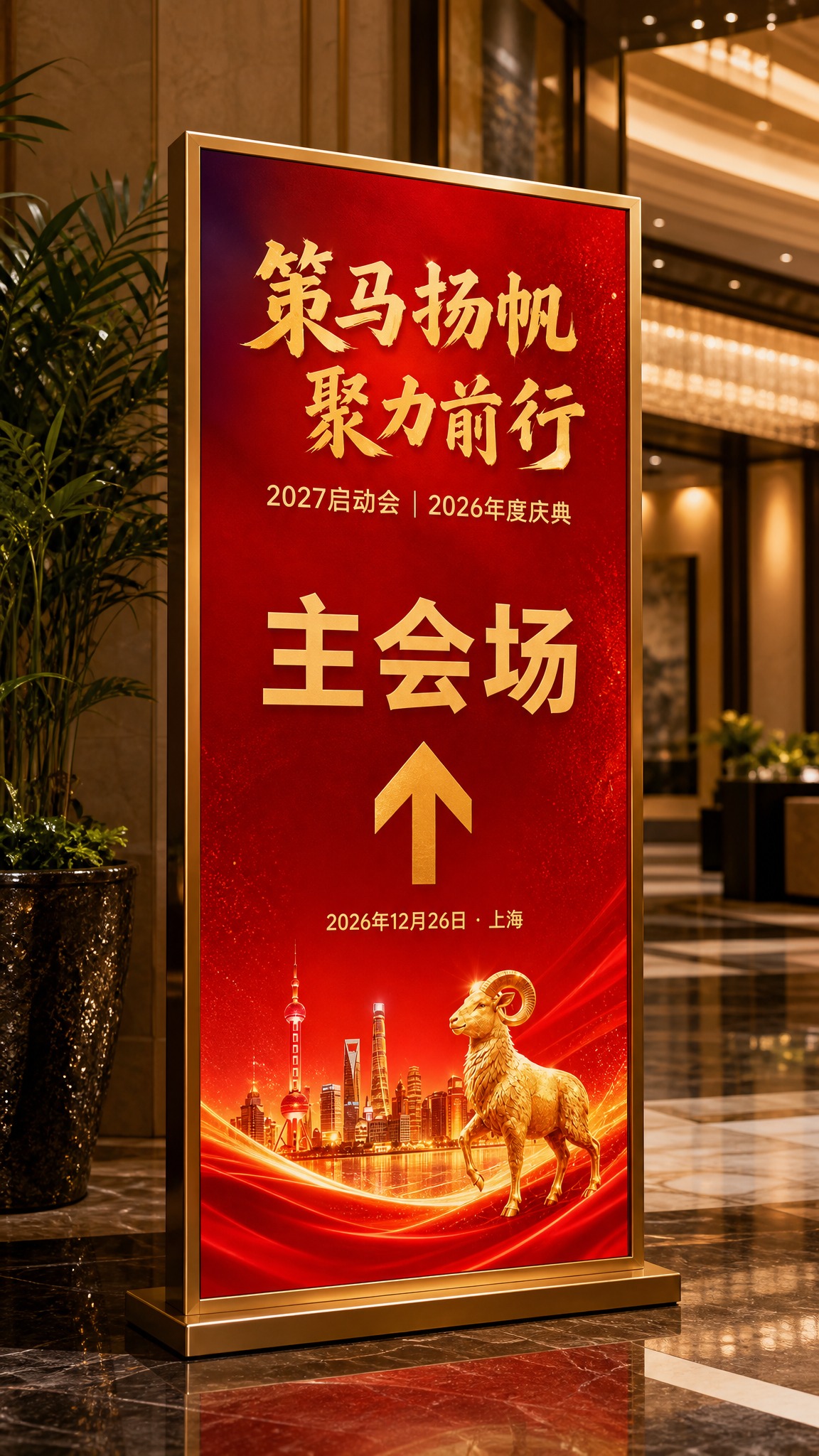 参考图的红金喜庆风格、金色羊雕塑、上海城市天际线、红绸带元素和… - 图片创意预览