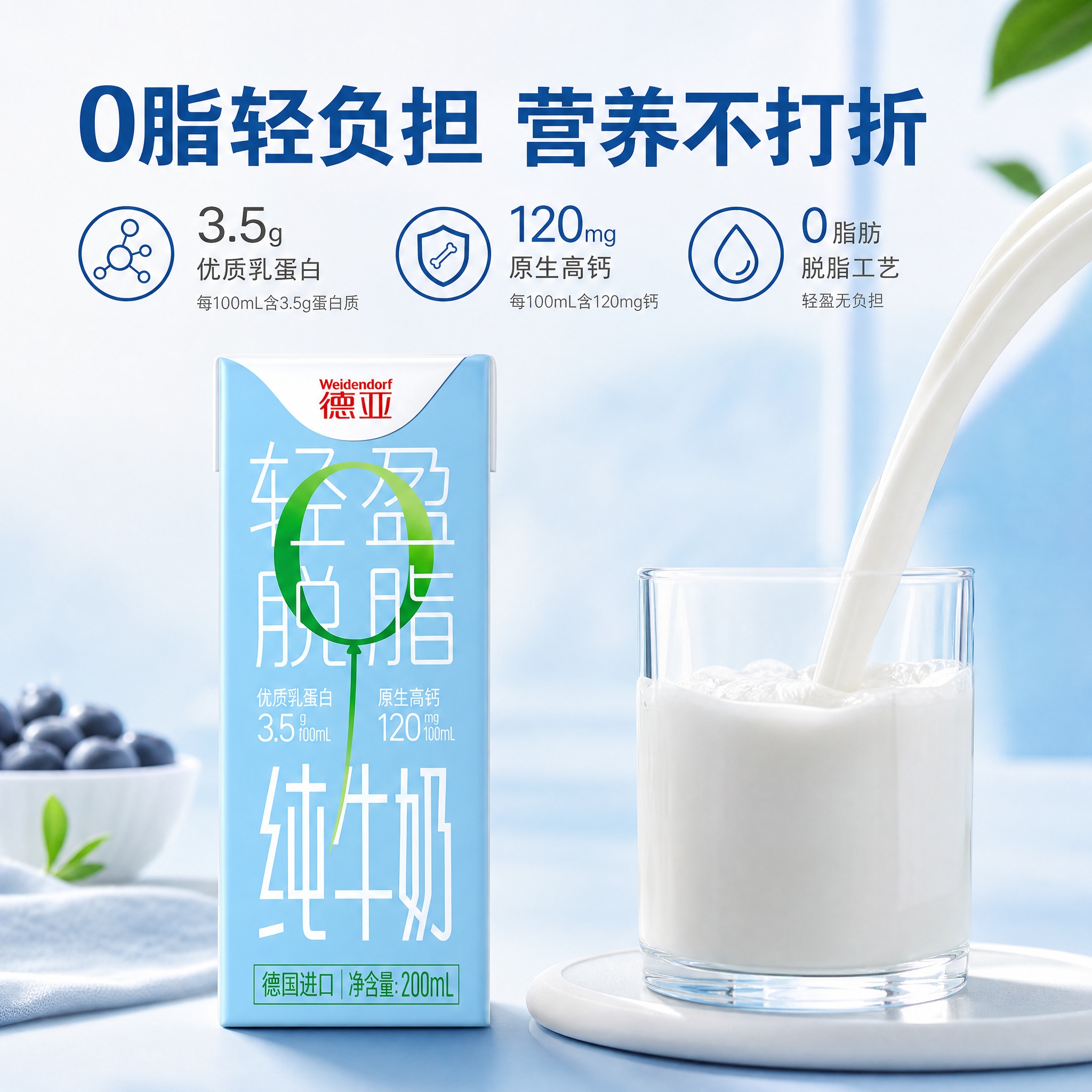 [主图-2] 德亚轻盈脱脂纯牛奶卖点图，突出营养成分与脱脂优势… - 图片创意预览