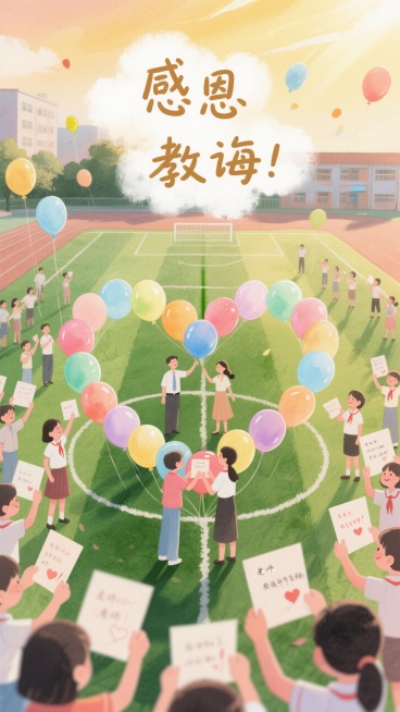 画面展现一个校园的操场，绿色的草坪上用彩色气球摆放成大大的爱心形状，周围有许多学生手举着自制的贺卡，上面写满了对老师的祝福话语，老师们穿梭在学生中间，亲切地与学生互动，天空中飘着一些写有 “感恩”“教预览效果