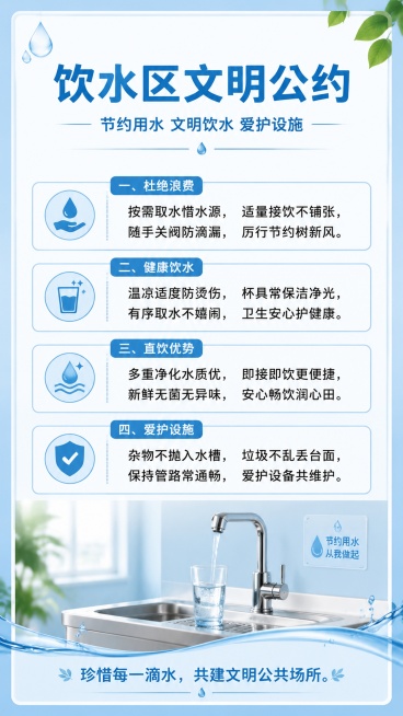 通知公告海报，主题为饮水区文明公约，整体风格简洁干净，公共空间宣传风格，写实商业摄影。主标题："饮水区文明公约"，副标题："节约用水 文明饮水 爱护设施"，将四条公约清晰展示在画面中：一、杜绝浪费：按预览效果