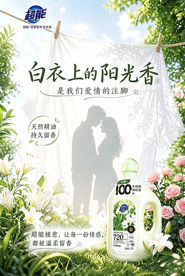 竖版A3尺寸，填充左右两侧白边，延续原图清新自然的户外爱情主题风格，左侧填充绿色绿植百合花，延续草地自然场景，右侧填充绿色树叶和粉色玫瑰花，保持与原图一致的清新配色和光影效果，让填充内容和中间原有画面自然融合无断层，整体色彩和谐，保持中间所有文字、产品内容以及左上角logo完全不变，仅将logo调整到左上角合适位置