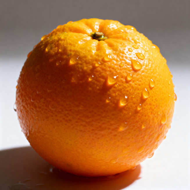 一颗新鲜饱满的橙子，表皮带有自然光泽和细腻纹理，果皮上挂着晶莹的水珠，整体充满新鲜水润的质感，背景简洁突出橙子主体，光线自然柔和预览效果