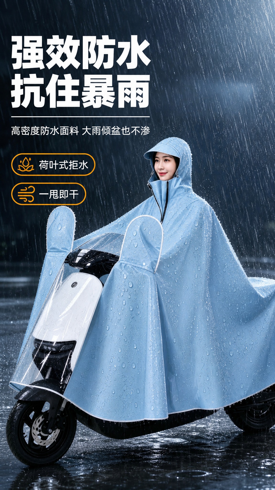 [商品] 使用【图1】浅蓝色电动车带袖雨衣；保留全部结构和浅蓝… - 图片创意预览