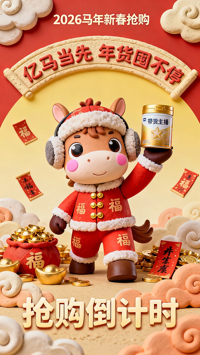 软3D粘土风，拟人化小马身着喜庆红衣，手持商品罐，周围环绕金元宝与福字，营造浓厚春节氛围，卡通可爱感十足。