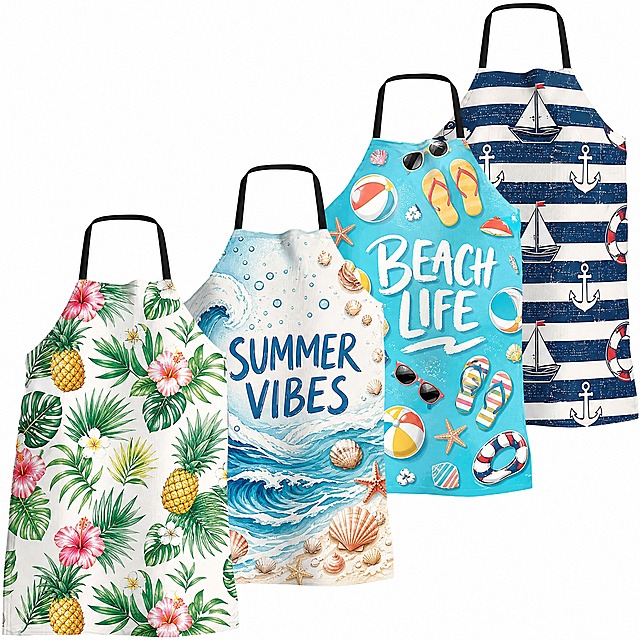 Change the 4 Christmas aprons to beach style themed aprons. Keep the exact same apron shape, size, black neck straps, and overall layout arrangement. Only change the patterns on the aprons to beach/summer ocean elements: 1st apron: tropical palm leaves and pineapples pattern on white background; 2nd apron: ocean waves and seashells with 'SUMMER VIBES' text; 3rd apron: flip flops, sunglasses and beach balls with 'BEACH LIFE' text; 4th apron: nautical anchor and sailboat pattern on navy stripes. 1:1 square composition, clean white background, Amazon e-commerce product photography style, American aesthetic, high quality product shot, professional studio lighting