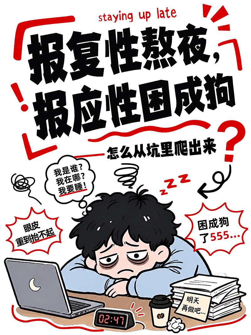报复性熬夜身体健康知识分享科普漫画风小红书封面