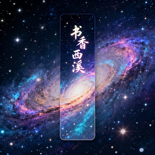 我想要给“书香西溪”读书品牌设计一款书签，书签要有流光溢彩的夜色感，有一种人在星河宇宙的浩瀚的感觉。尺寸符合市面上标准书签的尺寸。