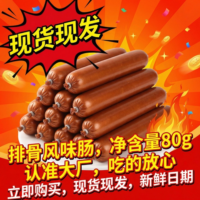 这张图片里面的产品是即食火腿肠，我要在拼多多卖这款产品，请帮我设计20张符合拼多多市场的主图，产品以我发给你的产品图片为主体去设计，产品主体可以变换形态或者多根摆放到纸箱内，文案要求：排骨风味肠，净含预览效果