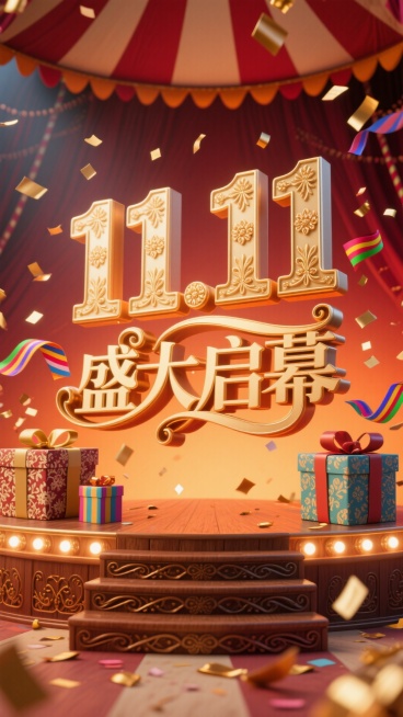 复古嘉年华风格，复古马戏风彩色横排“11.11”立体字，上方复古花体金色“盛大启幕”艺术字，周围环绕复古花纹礼盒、彩色条纹丝带、嘉年华造型烟花、复古金色彩纸碎，背景暖橙到深红渐变，底部复古木质雕花带灯预览效果