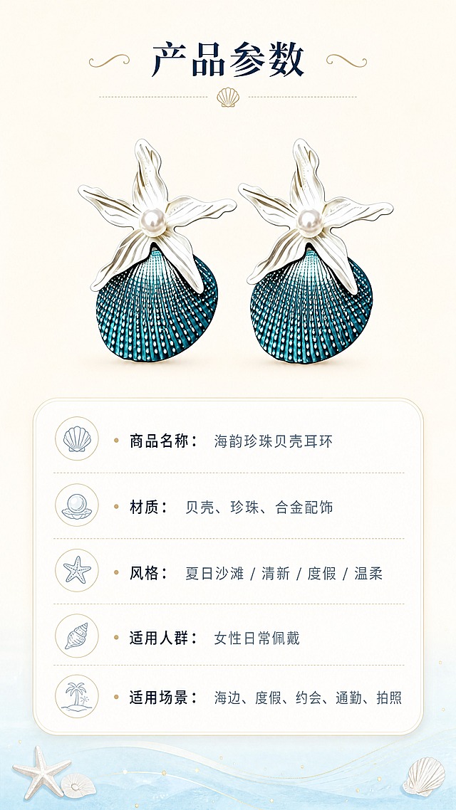 [商品] 使用【图8】海韵珍珠贝壳耳环产品属性参考；保留白色花瓣海星造型、中心珍珠、蓝绿色扇贝壳纹理的完整结构与颜色；商品处理：保留耳环原有造型比例，清晰展示产品全貌，不改变产品结构与颜色。
[画面] 第7张 规格参数，信息卡片型。目标：清晰展示产品核心参数。画面上方耳环一对居中展示，占画面约35%。下方为圆角信息卡区域，分左右两栏或上下排列参数项。背景为纯净浅米白渐变，底部有浅海蓝色装饰条。整体简洁清晰，信息层级明确。
[视觉] 套系策略：风格=温柔清新海边度假风商业摄影；标题字=优雅衬线粗体；正文字=简洁圆润无衬线体；主色=浅海蓝+米白珍珠色；背景延展=基于浅海蓝与米白做纯净渐变、细腻纸张质感；强调色=浅金色，仅用于小面积装饰线、图标和标签点缀；标题色=深海蓝；正文色=灰蓝色；组件=圆角参数卡片、浅金细线分隔、贝壳小图标；光影=柔和均匀顶光，产品清晰无重影。
[文字] 上方主标题"产品参数"，下方参数卡片内："商品名称：海韵珍珠贝壳耳环""材质：贝壳、珍珠、合金配饰""风格：夏日沙滩 / 清新 / 度假 / 温柔""适用人群：女性日常佩戴""适用场景：海边、度假、约会、通勤、拍照"。文字全部横向排版，清晰易读。
[规格] 图片比例9:16竖版，4K，负向提示：避免变形、错字、文字过小、耳环结构改变、颜色偏差、信息混乱、背景杂乱。