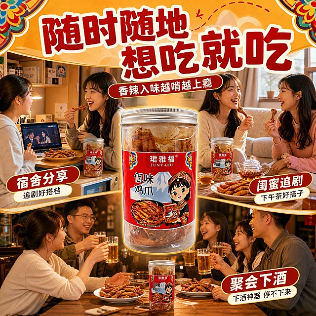 [主图-4] 场景与体验 多场景食用主题
[统一基调] 抖音食品高点击风格 暖色调 红金配色 粗黑体大标题 强食欲感 民族风元素点缀
[画面] 生活方式拼贴式构图 展示三个食用场景小画面 1 大学生宿舍场景 书桌前女生和室友分享鸡爪 追剧氛围 2 闺蜜聚会下午茶场景 茶几上摆着鸡爪和饮料 3 上班族下班小聚场景 啤酒配鸡爪 下酒神器 每个场景都有产品出现 罐装产品在画面中央放大展示 保留完整标签 画面活泼有生活感
[光影质感] 自然光 生活感摄影 每个场景光线自然真实 暖色调统一
[配色] 整体暖橙色调 场景各自有环境色但统一暖调 标题字大红色 辅助文案白色
[文字版式] 顶部大标题 随时随地 想吃就吃 三个场景分别标注 宿舍分享 闺蜜追剧 聚会下酒 文字用活泼的圆角字体
[输出要求] 1:1比例 文字清晰 场景真实自然 产品清晰 禁止变形 错字 模糊 水印 平台Logo