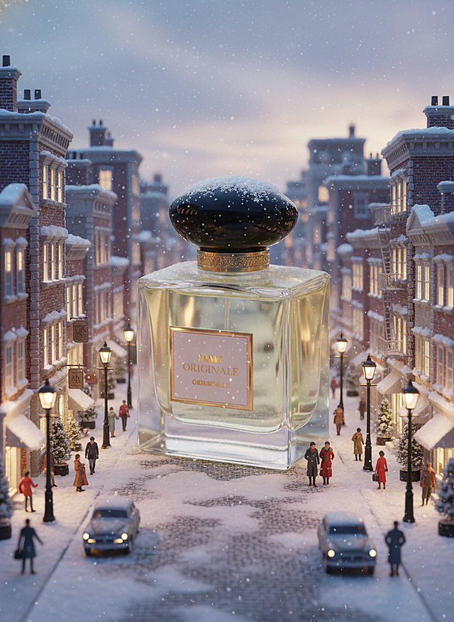 微缩景观写实风格，全景式分层构图。画面主视觉是巨型香水瓶装置（覆着少量积雪），冬日城市街道场景，错落分布着积雪覆盖的楼房（暖黄灯光从窗内透出），有行人、车辆、路灯，空中飘着雪花。