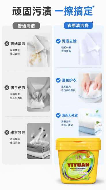 [第2屏] 痛点对比页，传统清洁vs衣原清洁膏。本屏使用【图1】作为商品主体。
[氛围/风格] 实用对比风，清晰直观，明亮干净，商业电商质感。
[元素布局] 页面左右分栏，左栏展示使用前痛点：顽固污渍预览效果