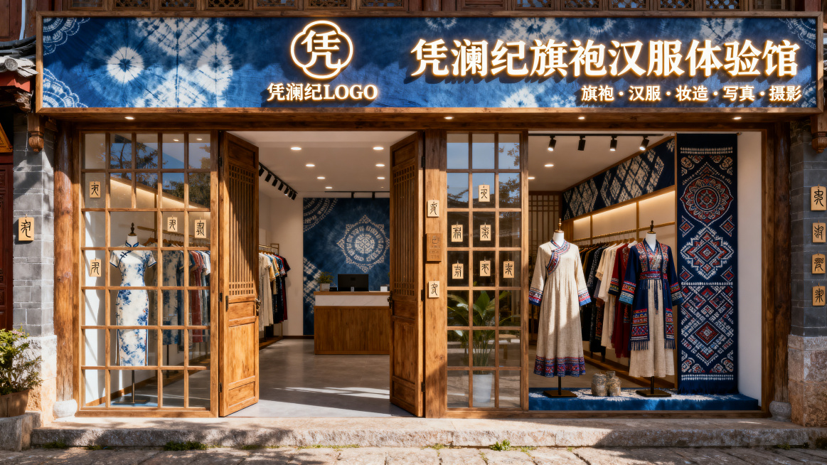 8K超写实门店效果图，丽江古城临街，纳西民族风滇南古城风格，纳西民族风+滇南古风，100㎡，进深10米，门头高1米宽5.6米，原木+扎染蓝+东巴文小元素，质朴民族风门头，门头居中镶嵌【凭澜纪LOGO】预览效果