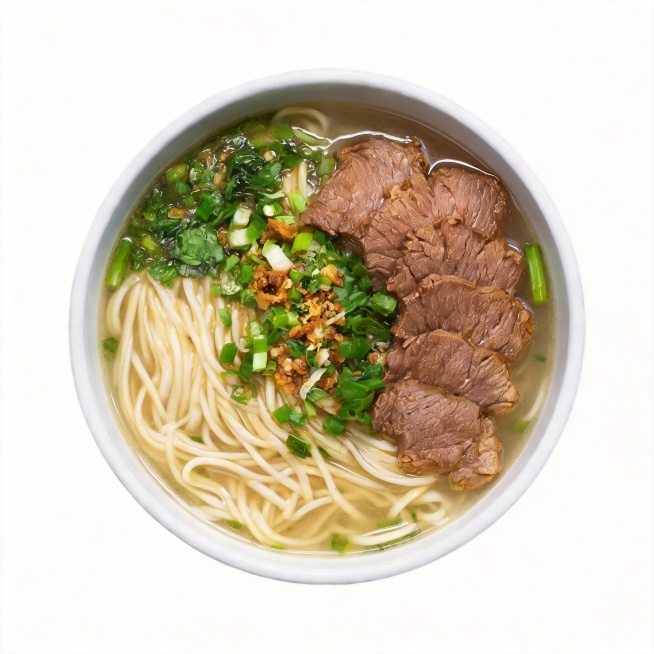 参考原图的牛肉面，将红辣椒油换成清澈的原汤，保持其他配料牛肉片、面条、香菜葱花、炸酥不变，保持真实高清的食物摄影风格预览效果