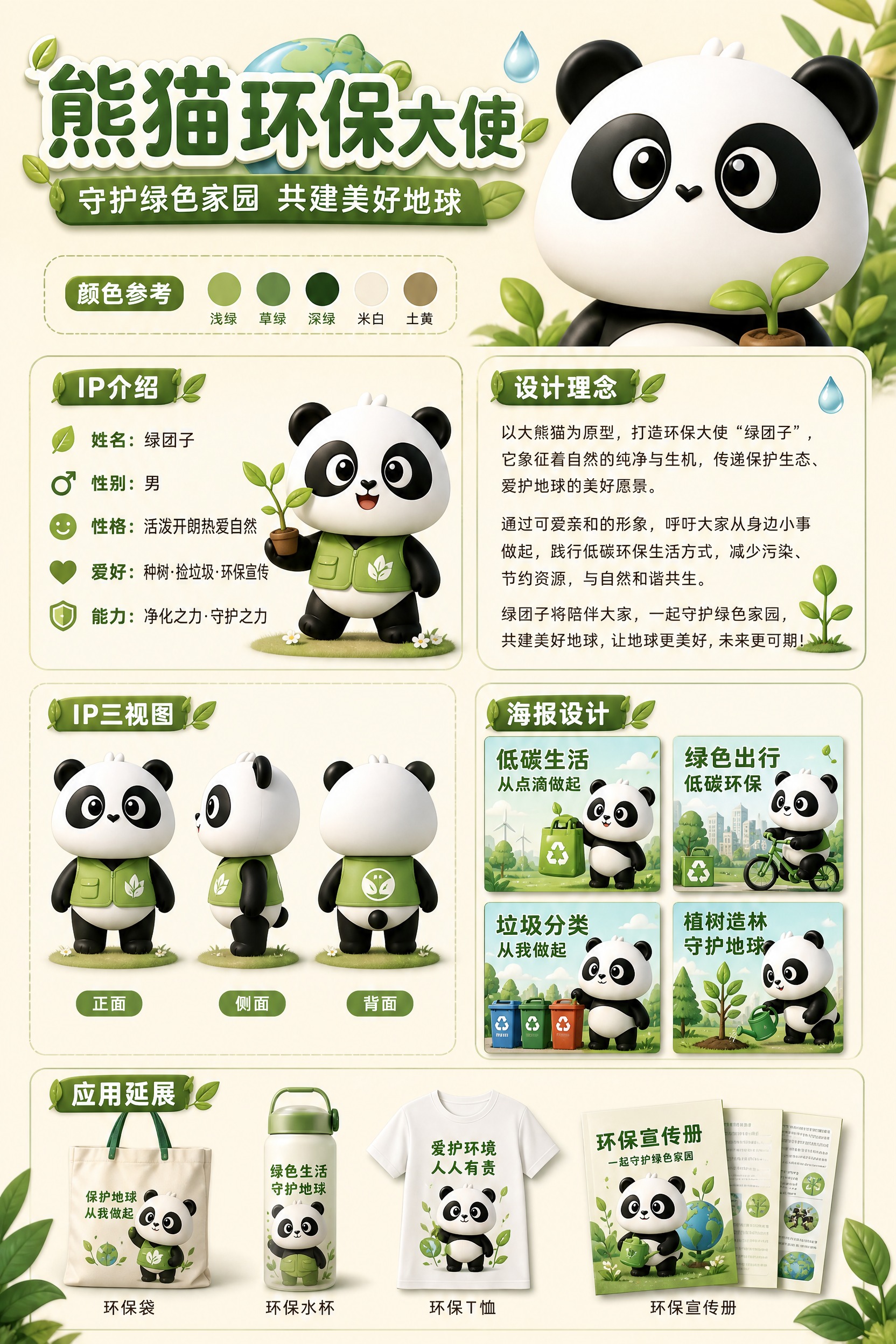 环保主题熊猫IP文创展板设计，竖版2:3比例。参考IP文创展板… - 图片创意预览