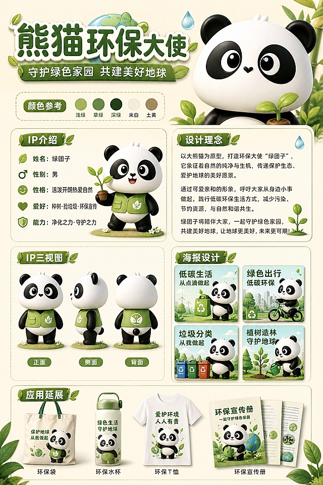 环保主题熊猫IP文创展板设计，竖版2:3比例。参考IP文创展板的版式结构，以3D卡通可爱熊猫为主体形象（熊猫形象参考图2：圆润可爱、黑白配色、大眼睛、头顶一小撮呆毛、Q版3D渲染风格），整体清新自然环保风格。

版式分区（参考图1的IP展板骨架结构）：
- 顶部大标题区：主标题「熊猫环保大使」，副标题「守护绿色家园 共建美好地球」，配可爱熊猫大头形象
- 颜色参考区：绿色系色卡（浅绿、草绿、深绿、米白、土黄）
- 左侧IP介绍区：标题「IP介绍」，内容包括姓名：绿团子、性别：男、性格：活泼开朗热爱自然、爱好：种树·捡垃圾·环保宣传、能力：净化之力·守护之力，配熊猫全身立绘（熊猫穿绿色环保马甲，手持小树苗）
- 右侧设计理念区：标题「设计理念」，介绍熊猫作为环保大使的意义，传递低碳环保理念
- 中下左侧三视图区：标题「IP三视图」，展示熊猫正面、侧面、背面三个角度
- 中下右侧海报设计区：标题「海报设计」，展示2x2共4张小海报缩略图，分别为「低碳生活」「绿色出行」「垃圾分类」「植树造林」
- 底部应用延展区：标题「应用延展」，展示熊猫IP在环保袋、水杯、T恤、宣传册等周边的应用效果

整体配色：以清新绿色和米白色为主色调，搭配自然木质色调，充满生机与活力。背景为浅米色，装饰元素有树叶、小树苗、水滴、地球等环保符号。版式精美，信息分区清晰，层级分明，四周留安全边距。3D卡通渲染风格，质感细腻，光影柔和，超高清画质。

画面中所有信息区域必须填充完整合理的内容，不得出现空白框、空白占位、横线待填写区域、空列表项、空单元格，确保是完整可用的成品展板。