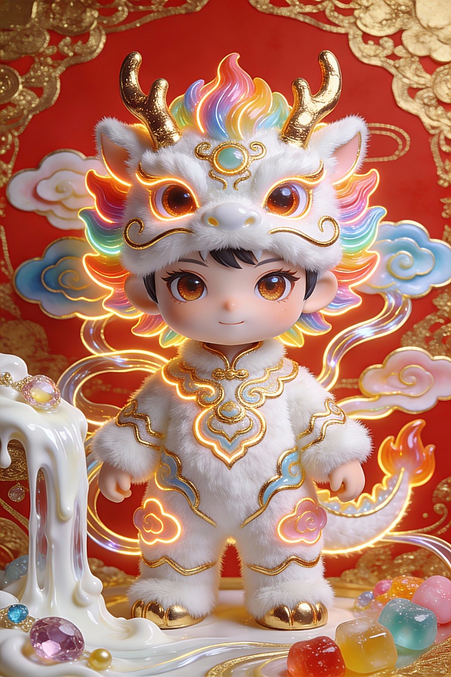 国潮风萌龙童，软3D质感，鎏金纹饰与毛发生长细节交织，梦幻光影环绕，液态流光点缀，喜庆红金背景烘托节日氛围，尽显可爱与华丽。