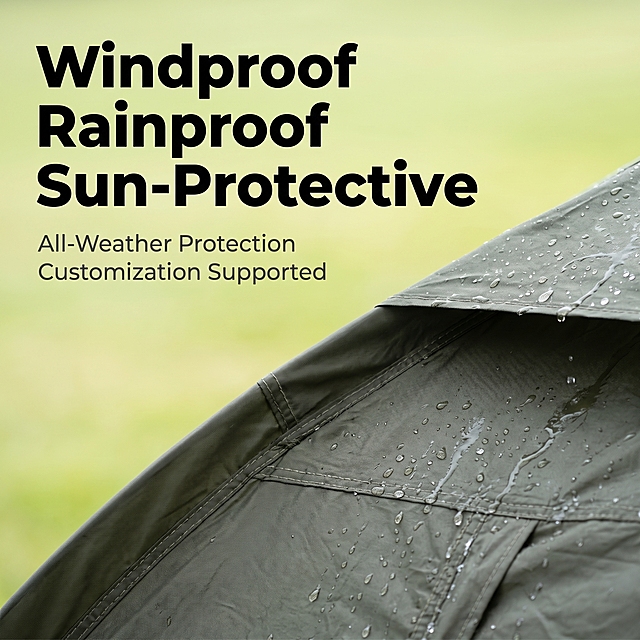 [主图 3] All-Weather Protection performance highlight of camping tent
[氛围/风格] Professional product detail performance style, reliable and trustworthy
[画面元素] Commercial photography quality, soft and transparent light, clear and real product, clean and advanced picture. Close-up shot of the fabric and structure of the dark green camping tent, highlighting the compact fiber texture of the waterproof material, the appearance details are consistent with the original picture. The picture is full screen without border.
[配色系] Main color: dark green fabric; auxiliary color: light green natural background, highlight texture with gray-white light and shadow
[视角构图] Close-up perspective, focus on the fabric texture, large depth of field to maintain detail clarity
[文字版式] The main title is located at the top left: "Windproof Rainproof Sun-Protective", the font is extra large thick black, and the three core functions are arranged in a vertical stack. The subheadings below are arranged in sequence: "All-Weather Protection", "Customization Supported", the font size is reduced by more than half, dark gray text. The text is all placed in the negative space, without blocking the key fabric details
[比例分辨率] 1:1 ratio, 2K resolution, clear text, ultra HD
[负向提示词] Deformation, watermark, text confusion, blurred product, cluttered background