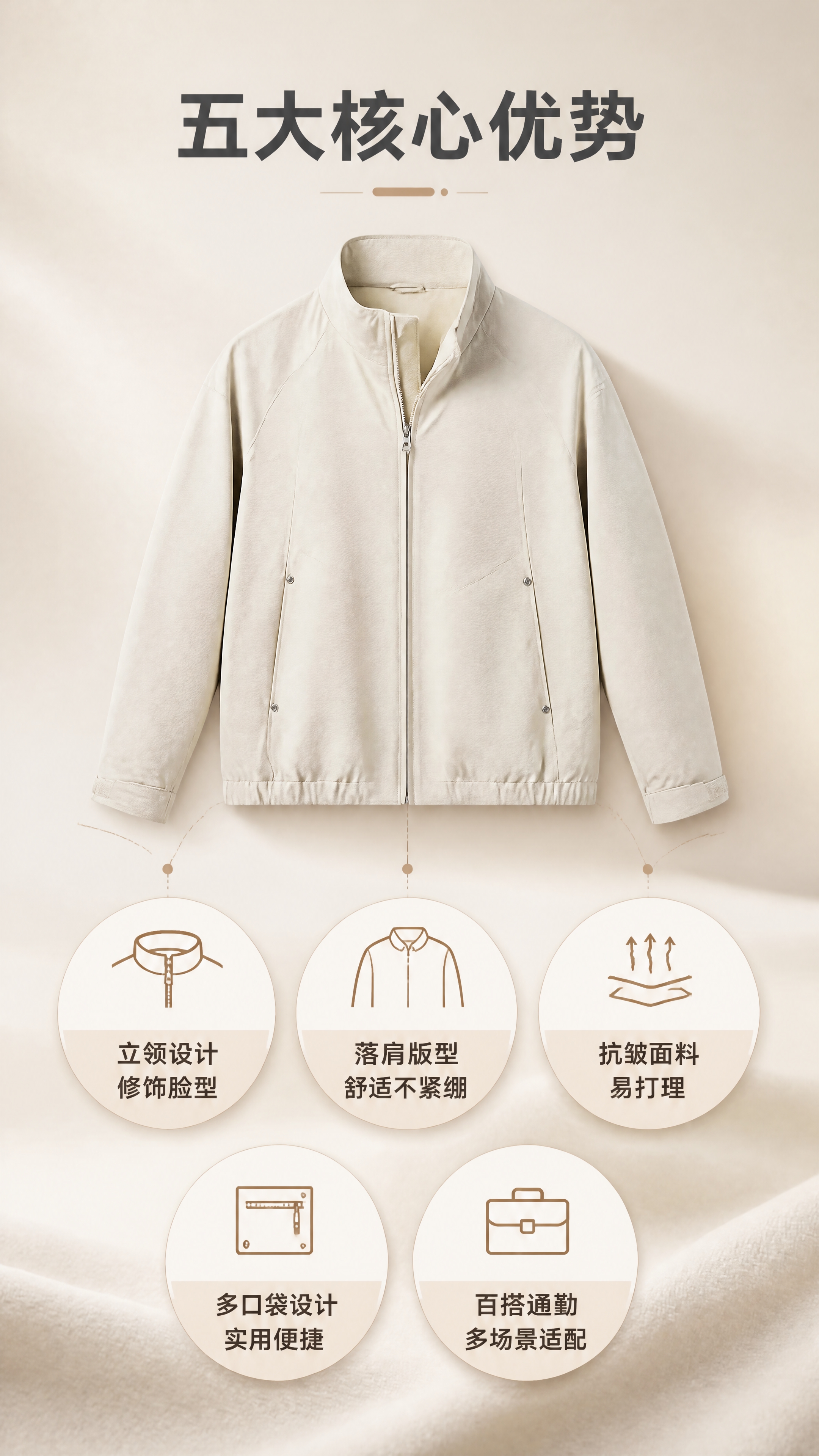 [商品] 使用【图1】浅米色男士立领休闲夹克；商品处理：保留立… - 图片创意预览