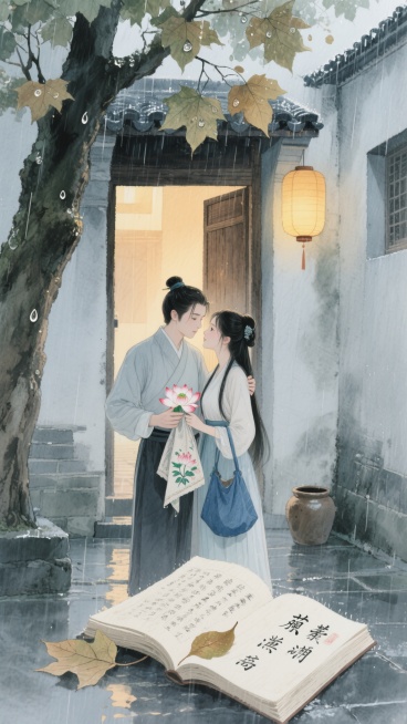 青灰色调的江南雨巷为背景，巷口有一盏昏黄的灯笼悬在木门上方，门内透出暖光；阿沅与伊人相拥在院中的老梧桐下，阿沅手中攥着绣半朵莲的旧帕，伊人提着蓝布包的瓦罐，雨丝细密如纱，梧桐叶上挂着水珠；角落巧妙露出预览效果