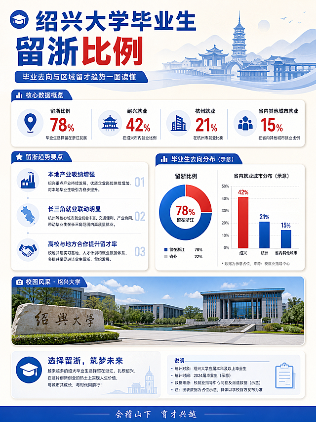 3:4竖版信息长图，暖米白底色，蓝主色，红色强调色，主题绍兴大学毕业生留浙比例，大标题模块分区，要点列表手机排版，插入绍兴大学校园实景图，要点配对应图标，关键数据高亮，圆角渐变背景，专业清晰