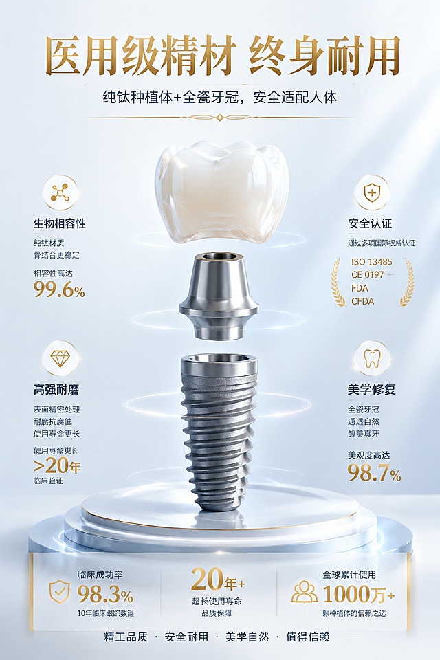 超写实材质特写镜头，拆分展示纯钛种植体、精细基台、全瓷牙冠三大部件，金属哑光质感+瓷体通透光泽对比，微距高清细节，无杂质，高端医用材质质感，整体风格高端极简医疗风，浅白+哑光浅蓝+鎏金点缀，光影通透、质感高级，画面干净无杂物，层次立体，医用专业严谨兼具轻奢美感，适配口腔机构品牌宣传，顶部主标题"医用级精材 终身耐用"，下方小字副标题"纯钛种植体+全瓷牙冠，安全适配人体"，中心材质拆分展示图，环绕式文字排版，分别注解材质特性、生物相容性、耐磨度、美观度，重点耐用年限、安全认证数据鎏金突出展示
