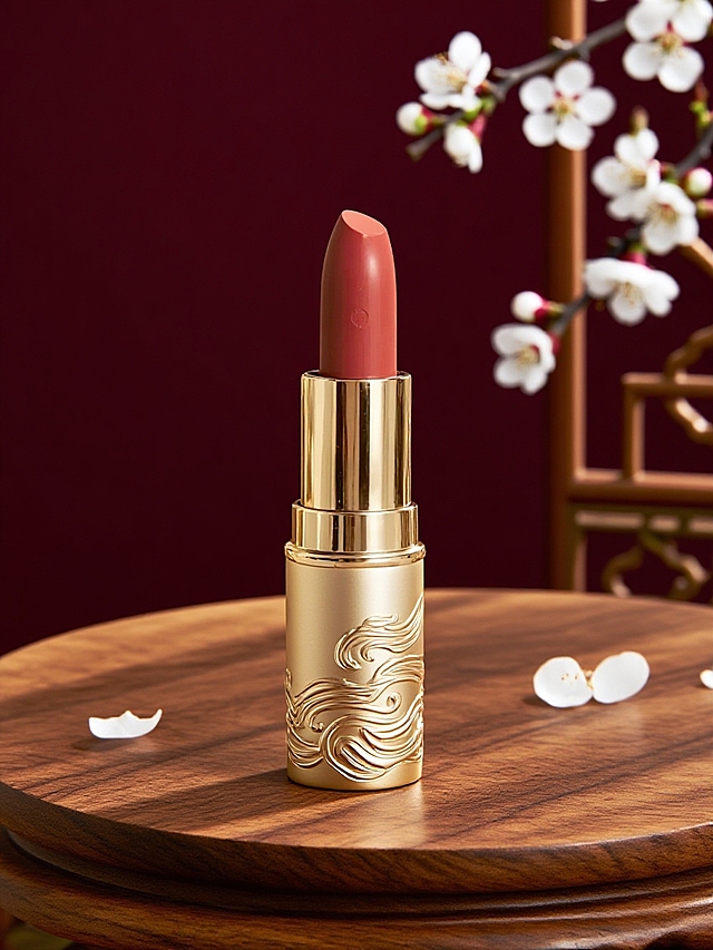 抠出原图主体，保留主体形状和颜色，给主体下半部分加上飘逸的国风凸起纹样。原木桌面，白梅点缀。深红色墙面，花窗，树枝白梅。