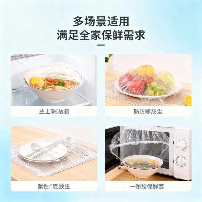 [垫图] 输入图
[主图主题] 一次性保鲜膜套多场景适用展示
[氛围/风格] 温馨实用家居风，明亮自然
[画面元素] 采用四宫格拼图设计，四个场景分别是：1. 套在剩菜碗上放冰箱 2. 套在水果盘上防预览效果