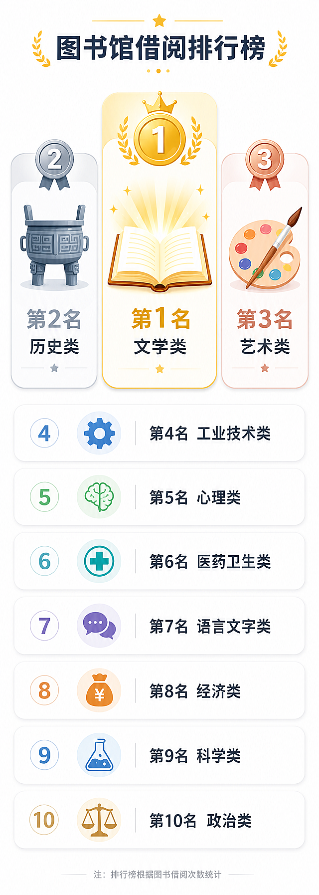 一张现代扁平化风格的图书馆借阅排行榜信息图表长图，白色背景，界面设计简洁高级。重点突出前三名，占据画面视觉重心，配色醒目，图标更大：第1名文学类，核心图标是“一本摊开正在发光的书”，搭配金色强调视觉元素，文字“第1名 文学类”；第2名历史类，核心图标是“古典鼎”，搭配银灰色强调视觉元素，文字“第2名 历史类”；第3名艺术类，核心图标是“调色盘与画笔”，搭配玫瑰金色强调视觉元素，文字“第3名 艺术类”。其余7类依次向下排列，占比稍小，配色淡雅：第4名工业技术类，图标齿轮，文字“第4名 工业技术类”；第5名心理类，图标大脑轮廓，文字“第5名 心理类”；第6名医药卫生类，图标十字医疗标，文字“第6名 医药卫生类”；第7名语言文字类，图标对话气泡，文字“第7名 语言文字类”；第8名经济类，图标钱袋，文字“第8名 经济类”；第9名科学类，图标化学烧瓶，文字“第9名 科学类”；第10名政治类，图标天平，文字“第10名 政治类”。整体保持现代扁平化设计，干净简洁，排版清晰。