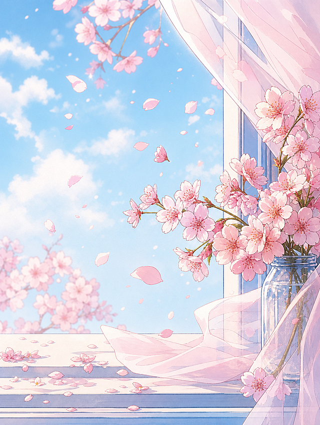 给这张漫画樱花图增加立体效果，让画面层次更分明，樱花和花瓶更有立体感，保留原漫画手绘风格和整体构图配色