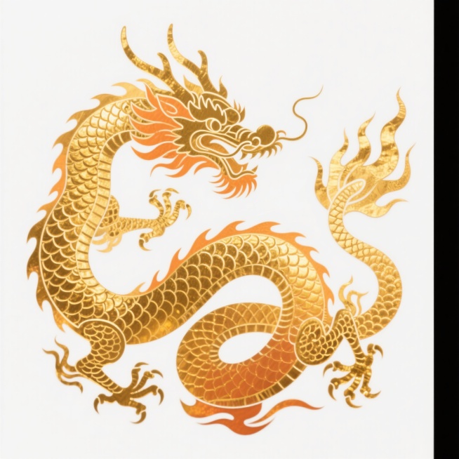 一条盘踞的金色龙纹图案，采用传统中国龙的造型，龙首昂扬，龙角峥嵘，龙须飘逸，龙鳞和火焰纹细节丰富，整体呈现出从亮金色到橙金色的渐变效果，具有金属箔片般的光泽质感和轻微的纹理起伏，线条流畅有力，充满动感与威严，背景为纯白色，龙纹图案作为主体视觉元素占据画面中心位置，展现出浓厚的中国传统文化气息和装饰美感。预览效果