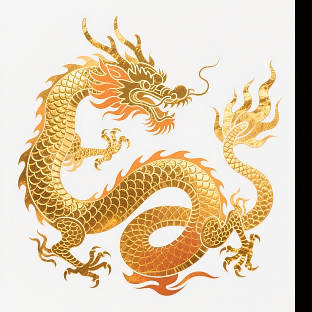 一条盘踞的金色龙纹图案，采用传统中国龙的造型，龙首昂扬，龙角峥嵘，龙须飘逸，龙鳞和火焰纹细节丰富，整体呈现出从亮金色到橙金色的渐变效果，具有金属箔片般的光泽质感和轻微的纹理起伏，线条流畅有力，充满动感与威严，背景为纯白色，龙纹图案作为主体视觉元素占据画面中心位置，展现出浓厚的中国传统文化气息和装饰美感。