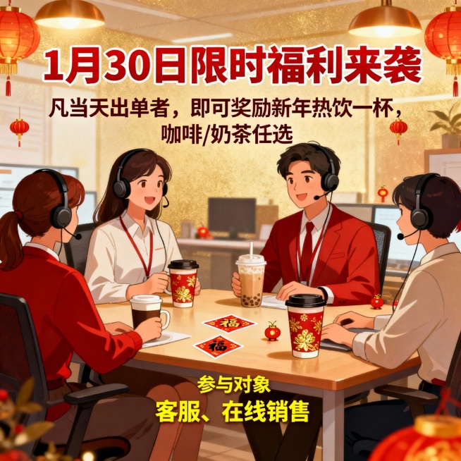 1月30日限时福利来袭
凡当天出单者，即可奖励新年热饮一杯，咖啡/奶茶任选。 
参与对象：客服、在线销售预览效果