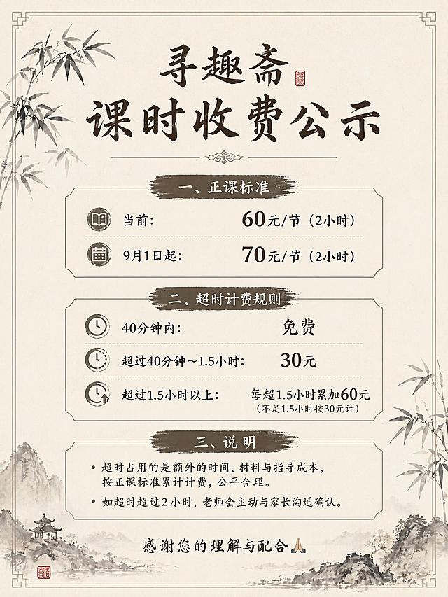 简约素雅国风，国画传统艺术工作室寻趣斋课时收费公示海报，宣纸米黄底，淡雅简约不花哨，保留水墨竹影装饰。主标题"寻趣斋 · 课时收费公示"。第一部分标题"正课标准"内容："当前：60元/节（2小时）" "9月1日起：70元/节（2小时）"。第二部分标题"超时计费规则"内容："40分钟内：免费" "超过40分钟～1.5小时：30元" "超过1.5小时以上：每超1.5小时累加60元（不足1.5小时按30元计）"。第三部分"说明"内容："超时占用的是额外的时间、材料与指导成本，按正课标准累计计费，公平合理。" "如超时超过2小时，老师会主动与家长沟通确认。" 底部文字"感谢您的理解与配合🙏"。整体排版简洁清晰，文字全部清晰可读，国风简约雅致，符合传统艺术工作室气质，四边留足边距