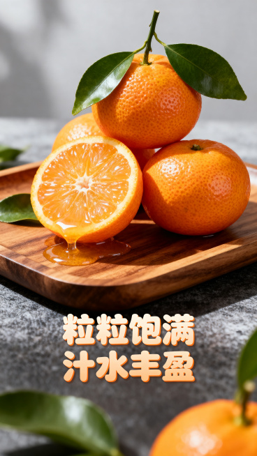 超高清微距拍摄，新鲜沃柑摆放在原木托盘上，带新鲜绿叶，果皮细腻油胞清晰，对半切开流淌汁水，果粒通透，浅灰色虚化背景，自然光氛围感，田园风，生鲜产品大片，4k超清，添加文字"粒粒饱满 汁水丰盈"预览效果