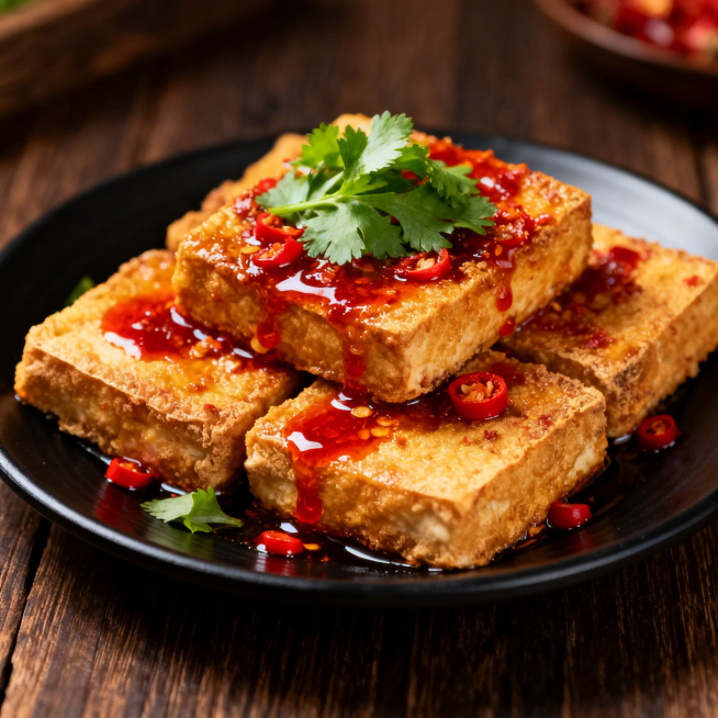 一盘外酥里嫩的油炸臭豆腐，表面金黄酥脆，浇上红色辣椒油和绿色香菜点缀，放在深色木质桌面上，美食摄影风格，暖光，高清细节，诱人食欲预览效果