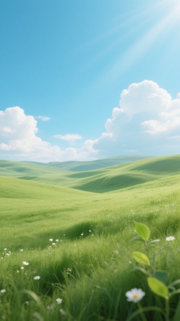 超写实风格的广阔草原景观，画面以明亮的蓝绿色调为主，天空占据上半部分，呈现清澈的淡蓝色，点缀着几朵蓬松的白色积云，阳光从云层间隙洒落，形成柔和的光线效果。前景是起伏的绿色草地，草叶茂密且富有层次感，呈现出深浅不一的绿色渐变，点缀着零星的白色小野花和几片嫩绿的叶子。远处的山丘轮廓柔和，与天空自然过渡，整体构图采用三分法，营造出开阔、宁静、生机勃勃的氛围，光影柔和，色彩和谐，细节丰富，具有强烈的空……预览效果