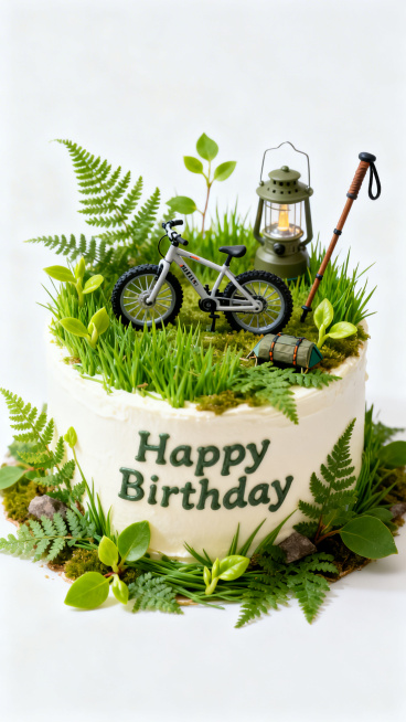 超写实风格生日蛋糕，表面装饰迷你山地车、登山杖、露营灯等户外运动元素，覆盖鲜绿春草、翠绿蕨类、嫩绿芽叶，充满春日清新绿意，蛋糕上有“Happy Birthday”字母，纯白色背景，蛋糕上下留有充足空白预览效果