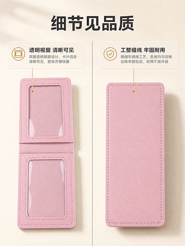 [商品] 使用【图9】粉色展开图和【图10】粉色背面图；保留PU皮革材质、缝线包边、2个透明可视窗卡位、对折结构、背面平整设计；增强细节清晰度。
[画面] 目标为细节展示页。画面采用左右分栏布局：左侧展示展开内视图，放大展示卡位透明度和内部缝线；右侧展示背面外观，放大展示边角处理和背面缝线工艺。中间用细线分隔，背景为浅米色质感桌面。
[视觉] 套系策略：风格=1688源头工厂品质商业摄影；标题字=现代无衬线粗体；正文字=简洁无衬线体；主色=深炭灰；背景延展=浅米色质感桌面+同色系渐变；强调色=暖金色，仅用于小面积图标、引线和标签；标题色=深炭灰；正文色=中暖灰；组件=细线引线、圆角浅底信息卡；光影=左前侧45°柔光，自然投影。
[文字] 顶部居中放置主标题「细节见品质」；左侧标注「透明视窗 清晰可见」，右侧标注「工整缝线 牢固耐用」，文字清晰可读。
[规格] 图片比例3:4竖版，4K，quality=medium，避免变形、错字、文字过小、颜色失真、模糊、水印、平台Logo。