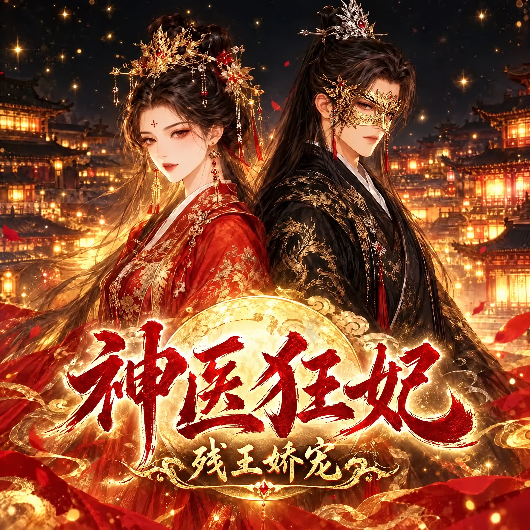 给右侧男主戴上一副精致的古风金色半脸面具，面具雕刻精美花纹，露… - 图片创意预览